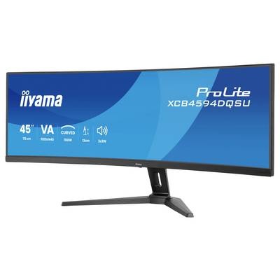 Un moniteur incurvé large de 45 pouces par iiyama. Modèle : ProLite XCB4594DQSU avec panneau VA, résolution 5120x1440, courbure 1500R, puissance 32W.