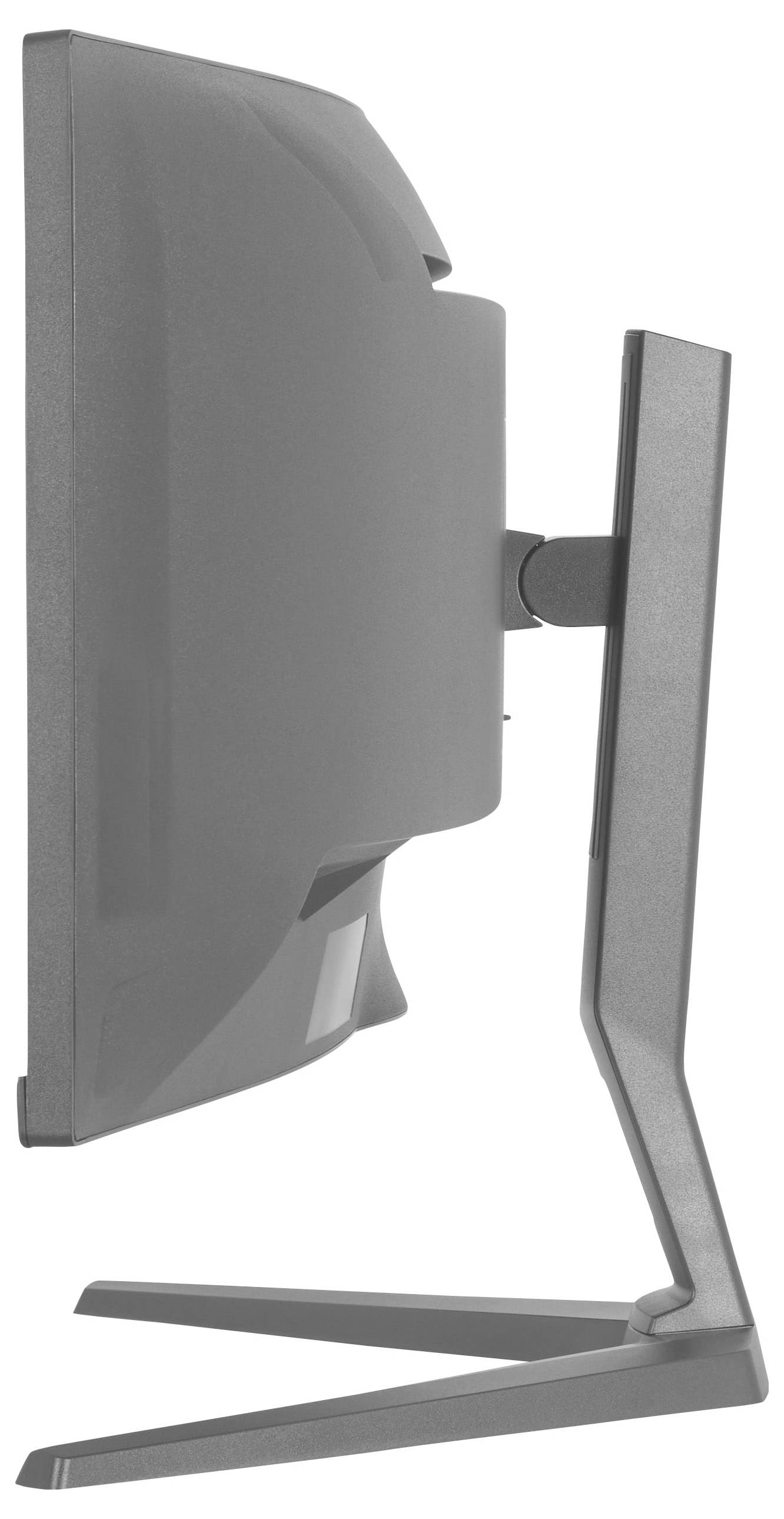 Vue latérale d'un élégant moniteur informatique moderne avec un support robuste, mettant en avant un design épuré et une fonction d'inclinaison réglable.