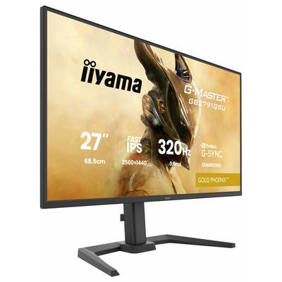 L'image montre un moniteur informatique avec un écran IPS de 27 pouces, une résolution de 2560x1440 et une fréquence de rafraîchissement de 320Hz, avec l'image de marque « iiyama » et « G-Master Gold Phoenix ».