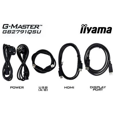 Les câbles du moniteur « G-Master GB2791QSU iiyama » sont affichés : alimentation, USB (A-B), HDMI et port d'affichage sont indiqués, avec des étiquettes sous chaque câble.