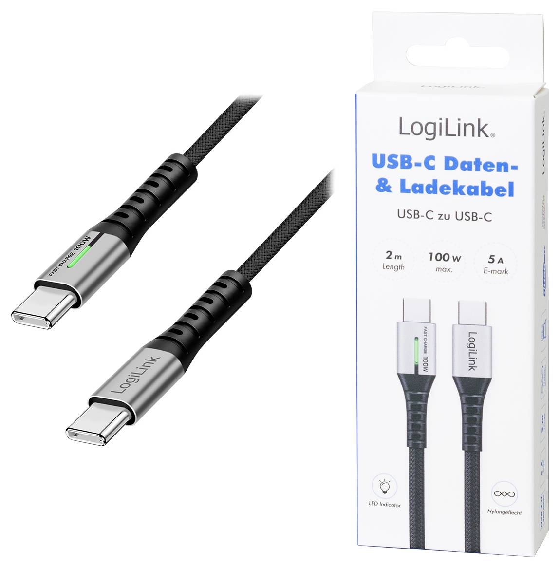 LogiLink Câble USB-C USB 2.0 USB-C® mâle 2.00 m noir avec LED, connecteur utilisable des deux cotés CU0424-6