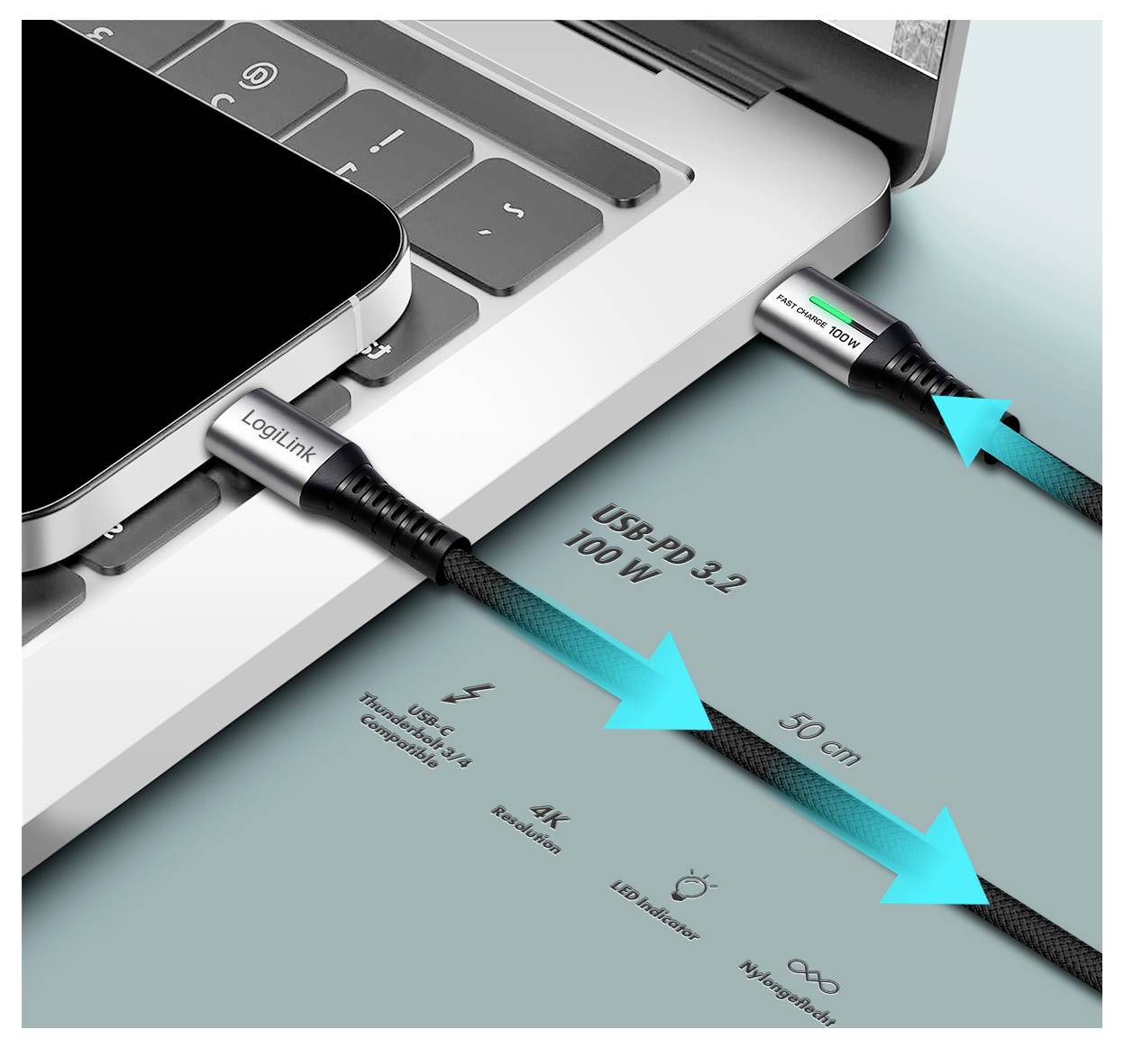 LogiLink Câble USB-C USB 3.2 Gen2x2 USB-C® mâle 0.50 m noir avec LED, 4K UHD, connecteur utilisable des deux cotés CU043-1