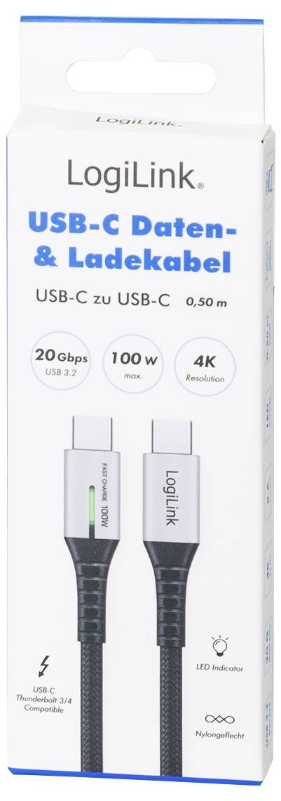 LogiLink Câble USB-C USB 3.2 Gen2x2 USB-C® mâle 0.50 m noir avec LED, 4K UHD, connecteur utilisable des deux cotés CU043-5