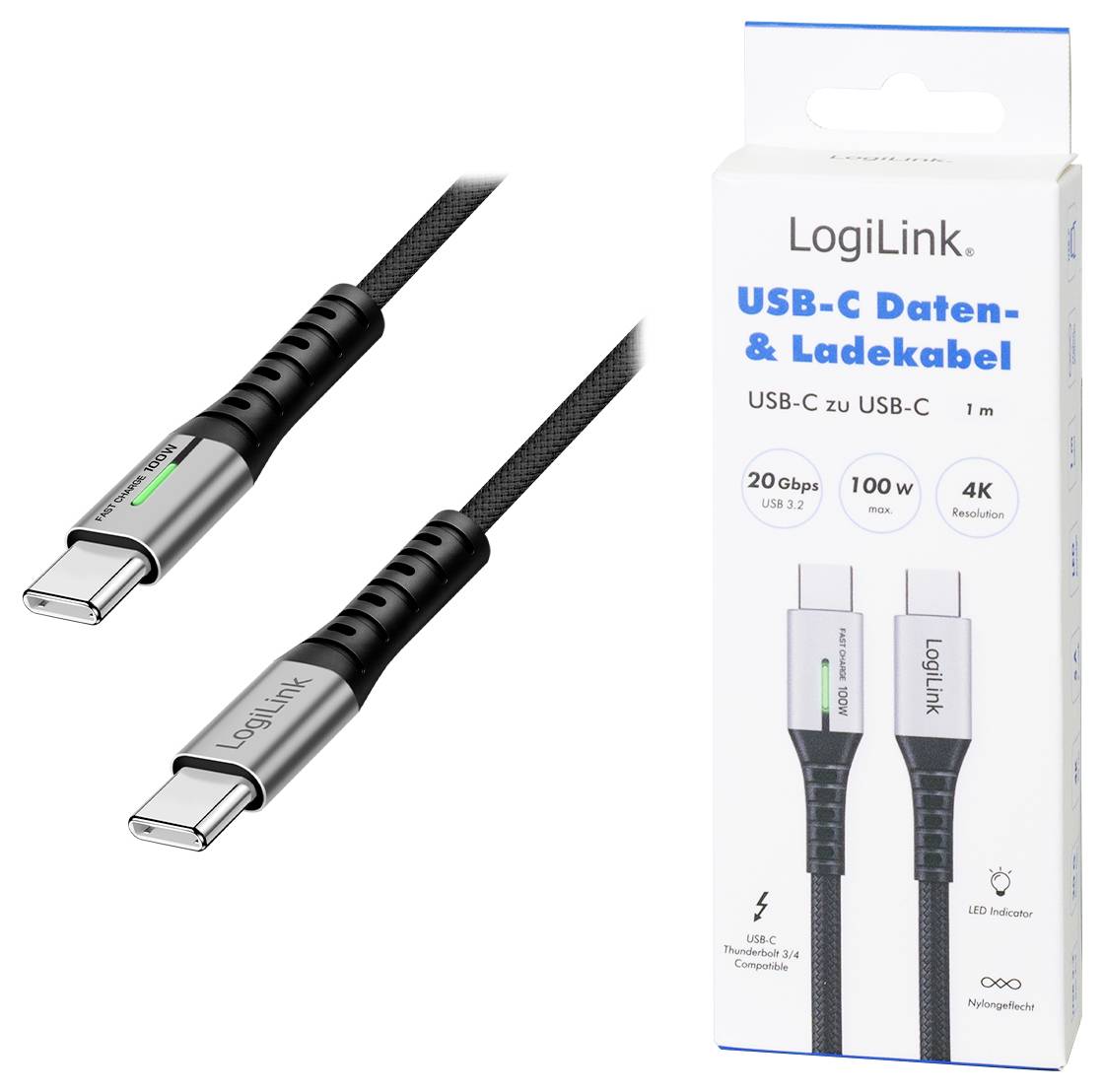 LogiLink Câble USB-C USB 3.2 Gen2x2 USB-C® mâle 1.00 m noir avec LED, 4K UHD, connecteur utilisable des deux cotés CU043-6