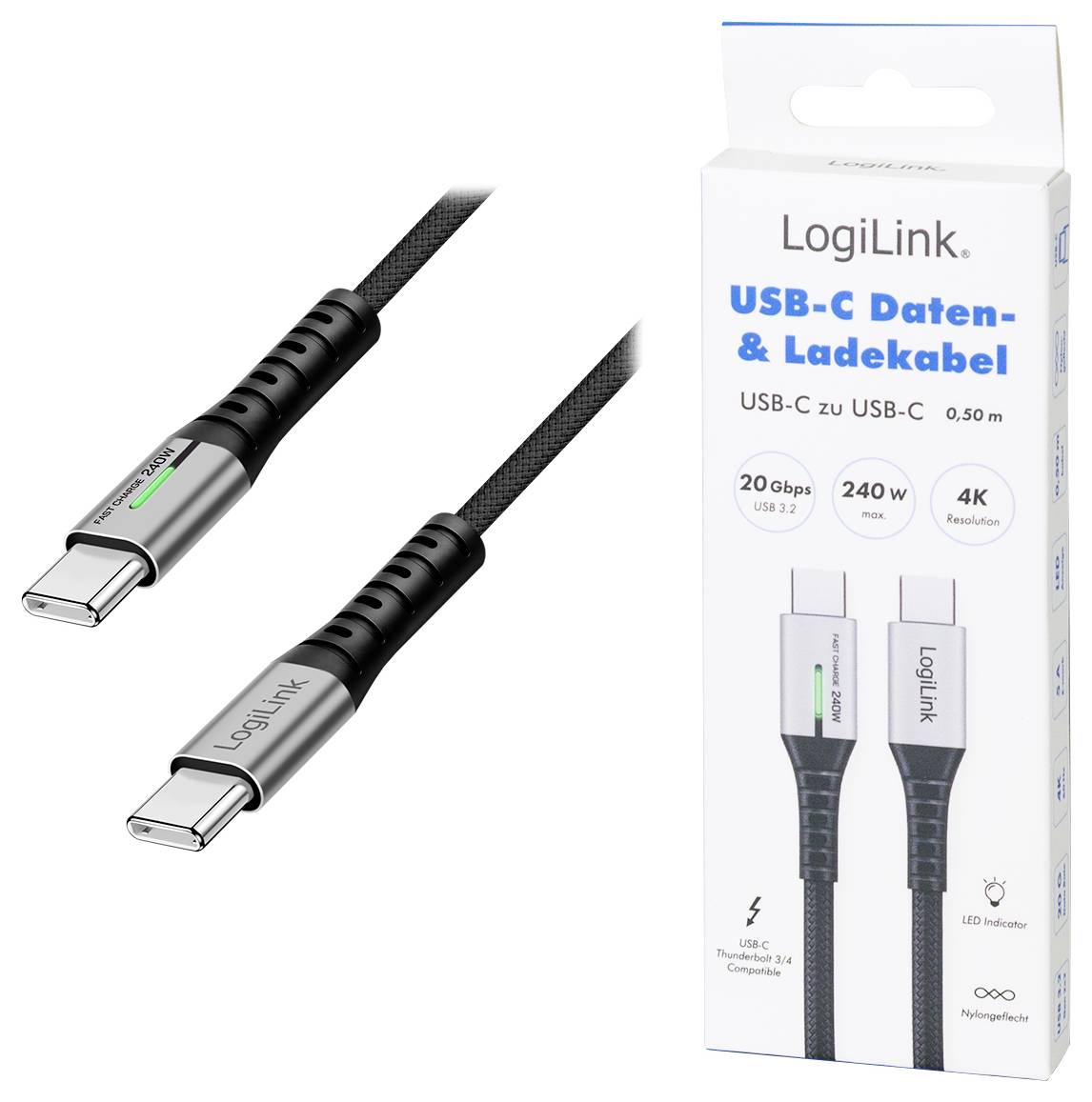 LogiLink Câble USB-C USB 3.2 Gen2x2 USB-C® mâle 0.50 m noir avec LED, 4K UHD, connecteur utilisable des deux cotés CU044-8