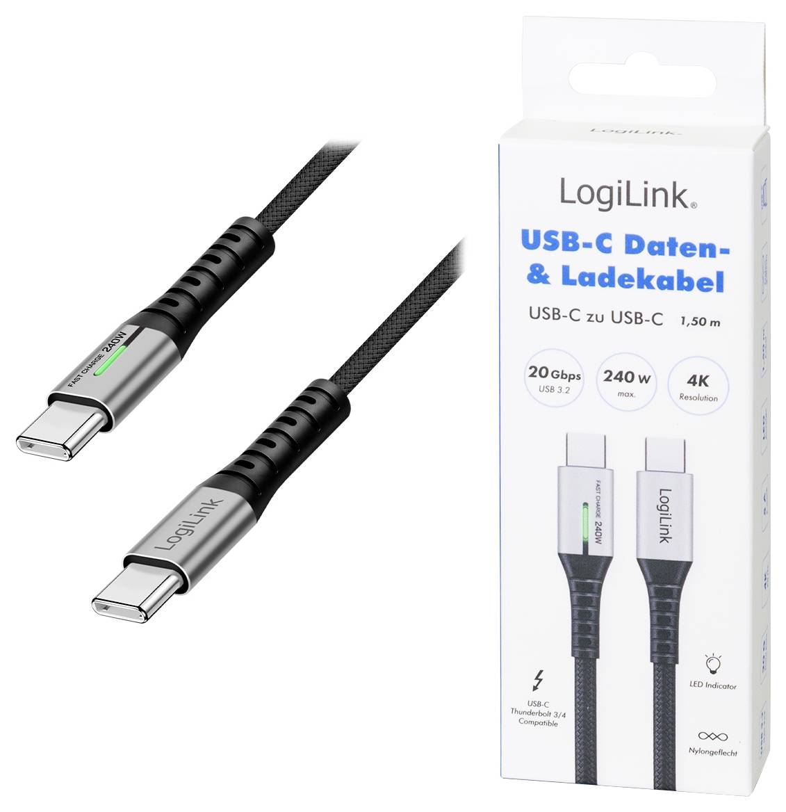 LogiLink Câble USB-C USB 3.2 Gen2x2 USB-C® mâle 1.50 m noir avec LED, 4K UHD, connecteur utilisable des deux cotés CU044-8