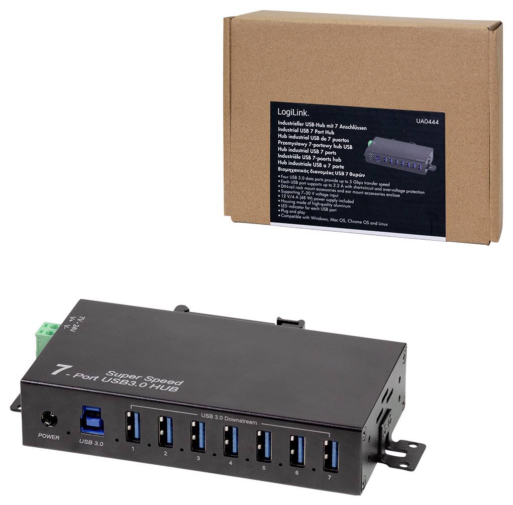 LogiLink UA0444 Hub USB 7 ports USB-A USB 3.0 5 GBit/s pour applications industrielles, boîtier métallique, pour montage-7