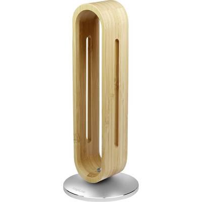 Un ventilateur de bureau en bois à design minimaliste et ovale, avec des fentes verticales pour la circulation de l'air, se dresse verticalement sur une base circulaire métallique.