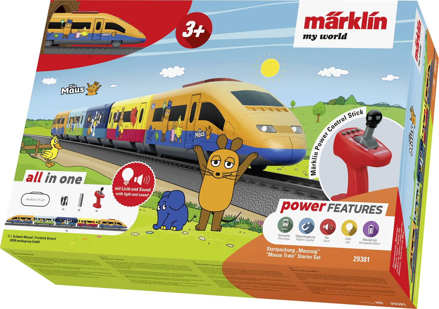 Ensemble de train jouet « Mon Monde Märklin » pour les enfants à partir de 3 ans, présentant un train jaune vif avec des personnages de dessins animés et un bâton de contrôle de puissance.
