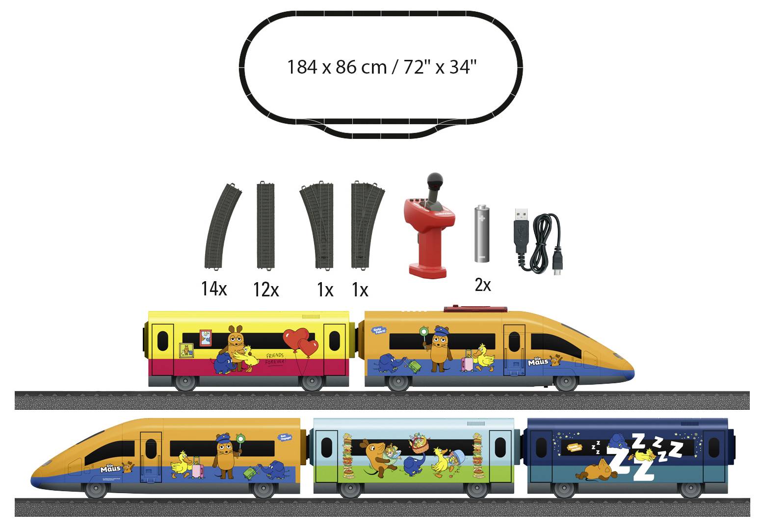 L'ensemble de train jouet comprend une voie, des trains avec des motifs d'animaux et une télécommande. Dimensions de la voie : 184 x 86 cm.
