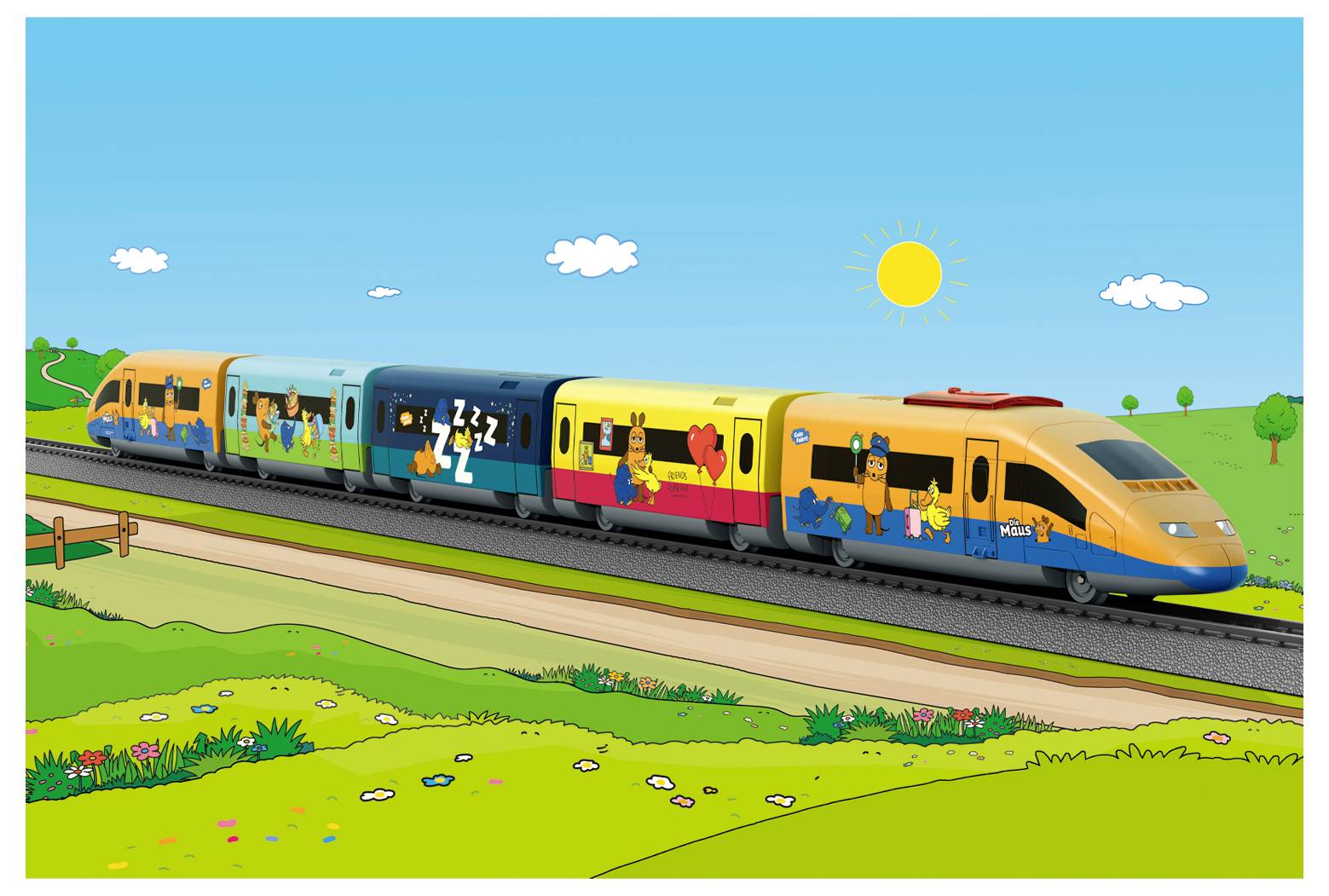 Un train de dessin animé aux couleurs vives avec des personnages animaux par une journée ensoleillée, voyageant à travers un paysage herbeux avec des collines et des fleurs.