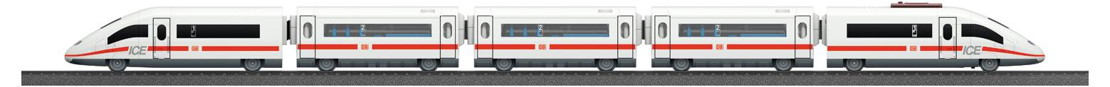 Un élégant train de passagers blanc et moderne avec une bande rouge roule sur les rails, présentant trois voitures reliées, mettant en avant un transport ferroviaire efficace.