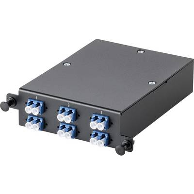 Une cassette en fibre optique rectangulaire noire comportant 6 connecteurs de fibre optique disposés en deux rangées. Convient aux équipements de mise en réseau.