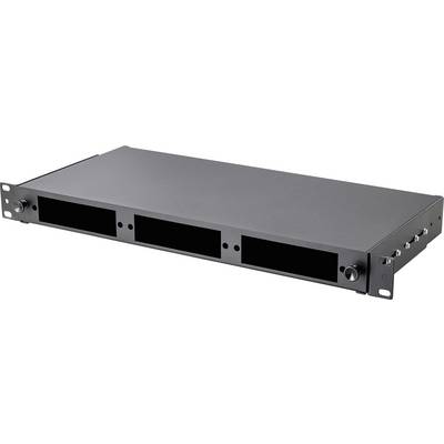 Un boîtier audio noir, rectangulaire, montable en rack, avec trois panneaux frontaux et deux boutons de chaque côté.