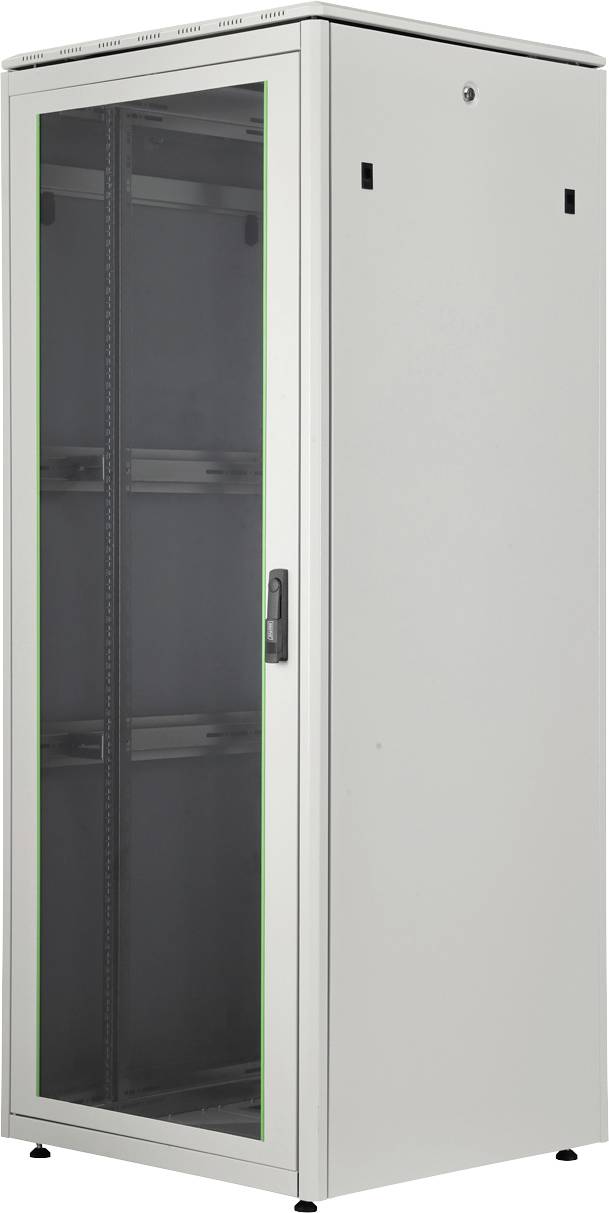 Un grand rack serveur rectangulaire avec une porte vitrée, un cadre blanc et des étagères intérieures noires, conçu pour accueillir des équipements réseau.
