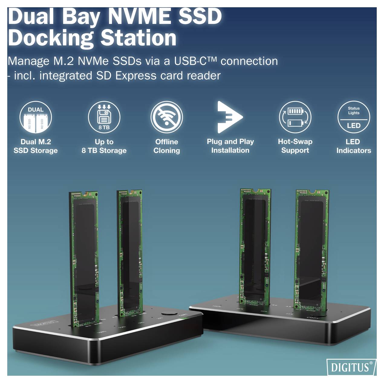 Station d'accueil double baie NVME SSD avec les caractéristiques suivantes : stockage dual M.2 SSD, capacité de stockage jusqu'à 8 To, clonage hors ligne, plug and play, indicateurs LED.