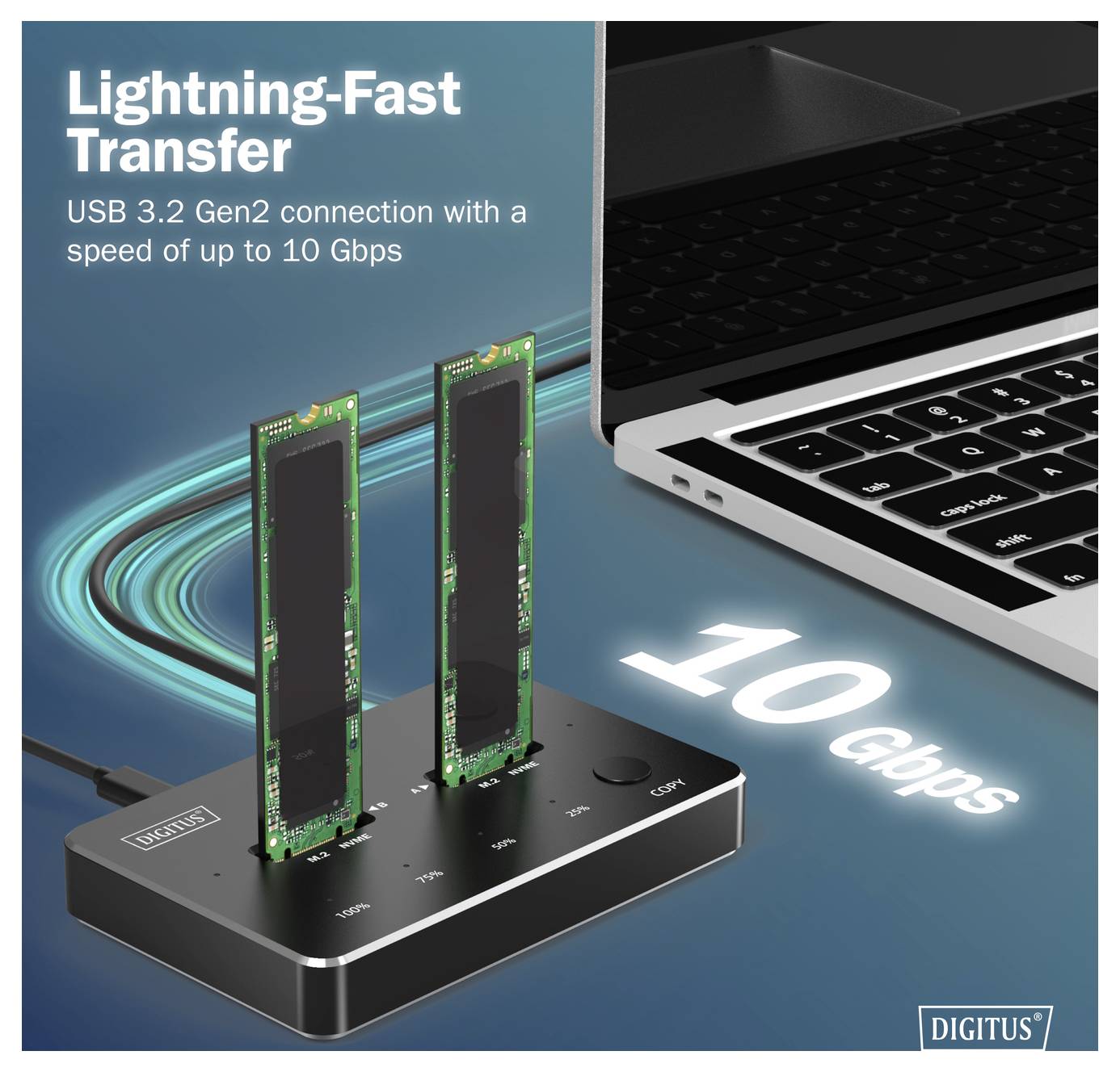 Transfert éclair : Connexion USB 3.2 Gen2 avec une vitesse pouvant atteindre 10 Gbps. L'image montre un appareil se connectant à un ordinateur portable.
