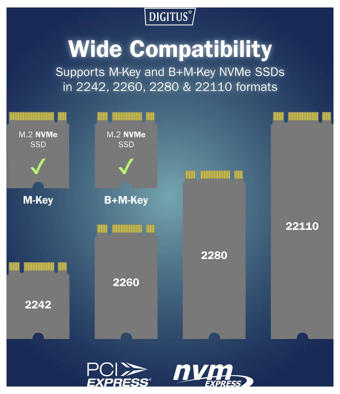 Compatibilité étendue : Supporte les SSD NVMe de type M-Key et B+M-Key aux formats 2242, 2260, 2280 et 22110. L'image montre les types et tailles de SSD.