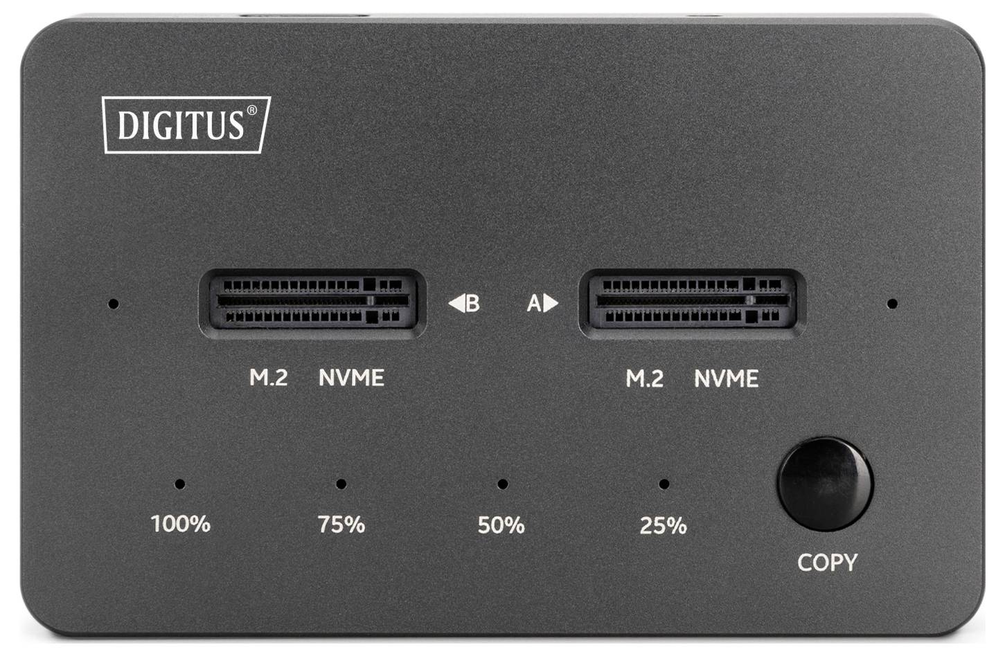 Un appareil pour dupliquer les SSD M.2 NVME avec des ports étiquetés A et B, des indicateurs de progression de 25 % à 100 %, et un bouton de copie.