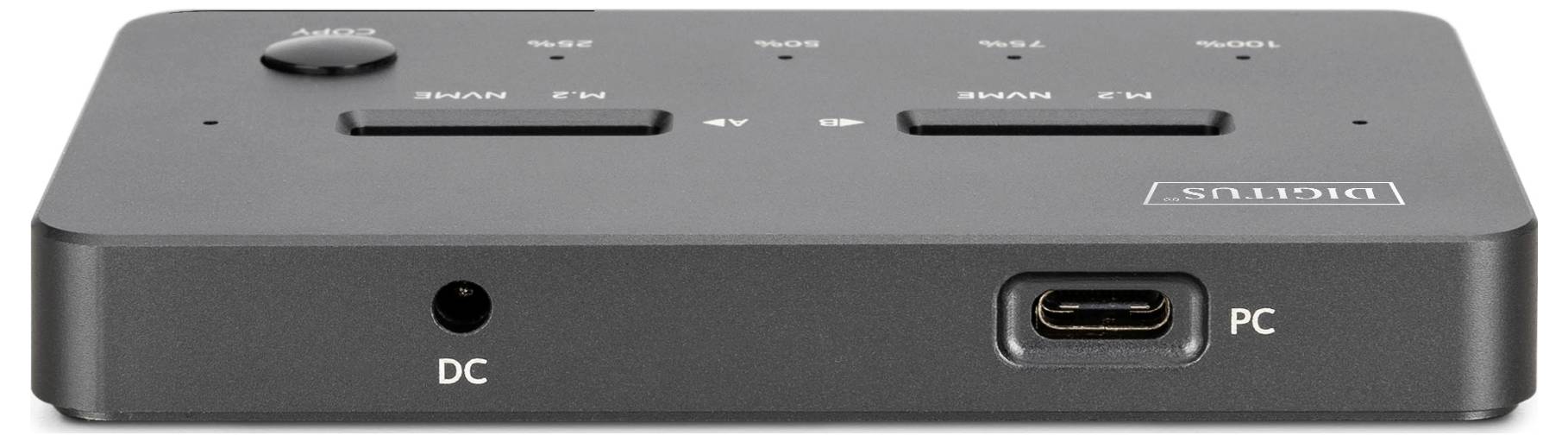 Un appareil électronique rectangulaire noir avec des ports d'entrée/sortie étiquetés « DC » et « PC » sur le panneau avant.