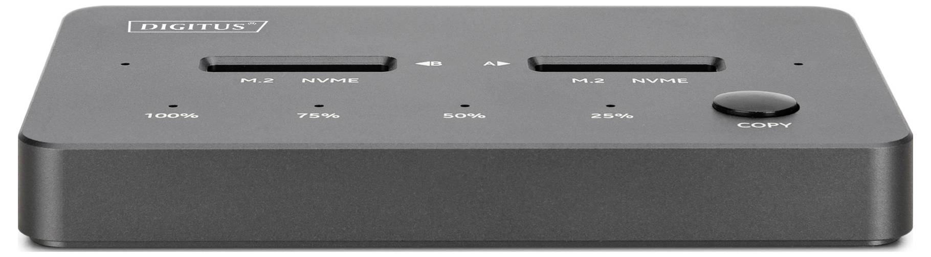 Une station d'accueil noire pour SSD M.2 NVME double avec des indicateurs LED pour 100%, 75%, 50% et 25%, étiquetée « DIGITUS », avec un bouton « COPY » sur la droite.