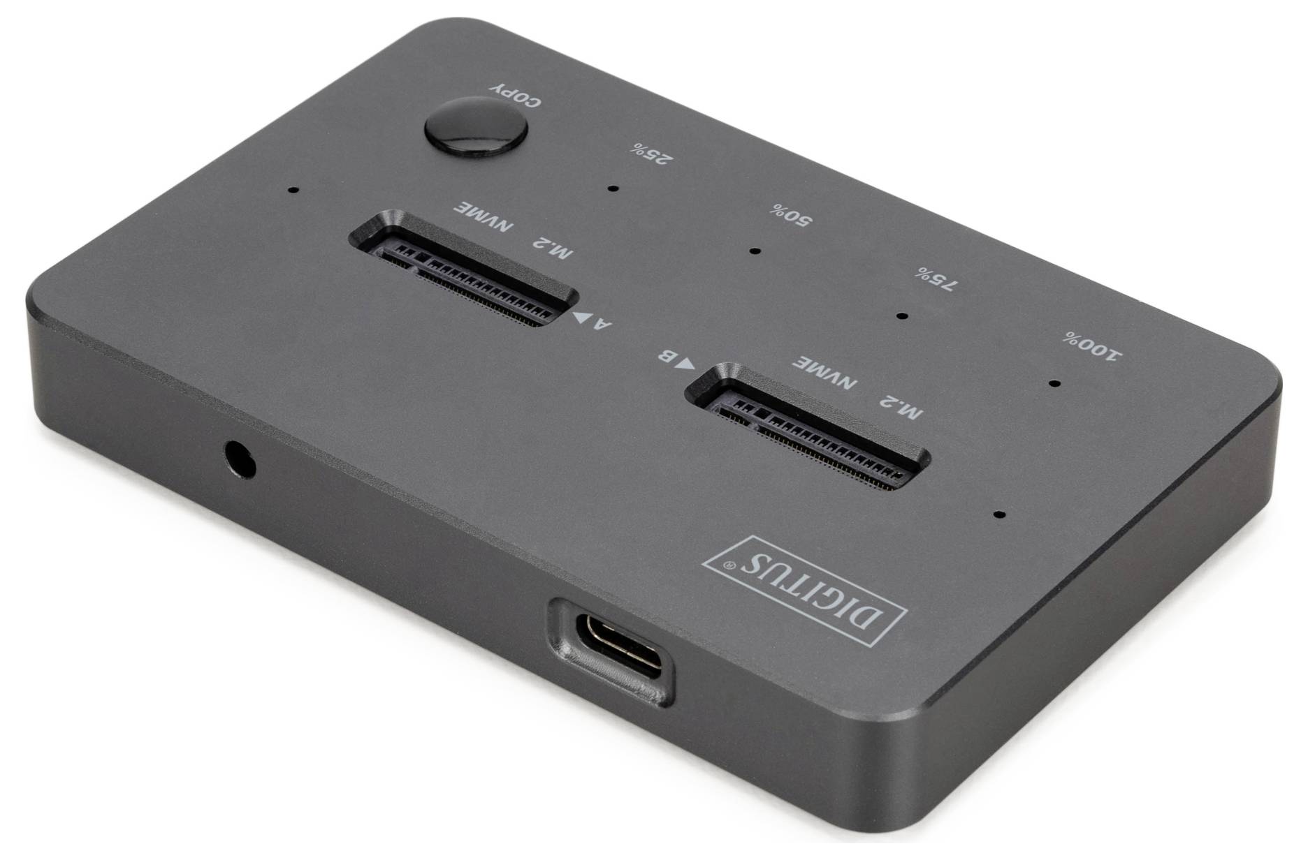 Station d'accueil 'Digitus' USB-C Dual SSD/HDD avec fonction de clonage, dotée de deux emplacements pour lecteurs M.2 et mSATA, et d'indicateurs LED.