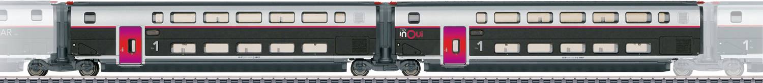 Un train moderne et élégant avec deux voitures connectées, présentant de grandes fenêtres et une bande rouge, circule sur une voie ferrée.