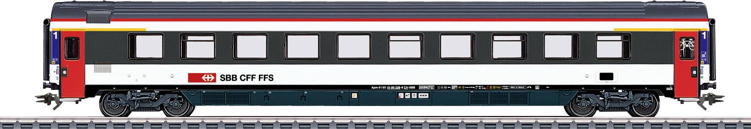 Une vue latérale détaillée d'une voiture de train de passagers des Chemins de fer fédéraux suisses (SBB CFF FFS), présentant son logo et sa palette de couleurs sur une voie ferrée.