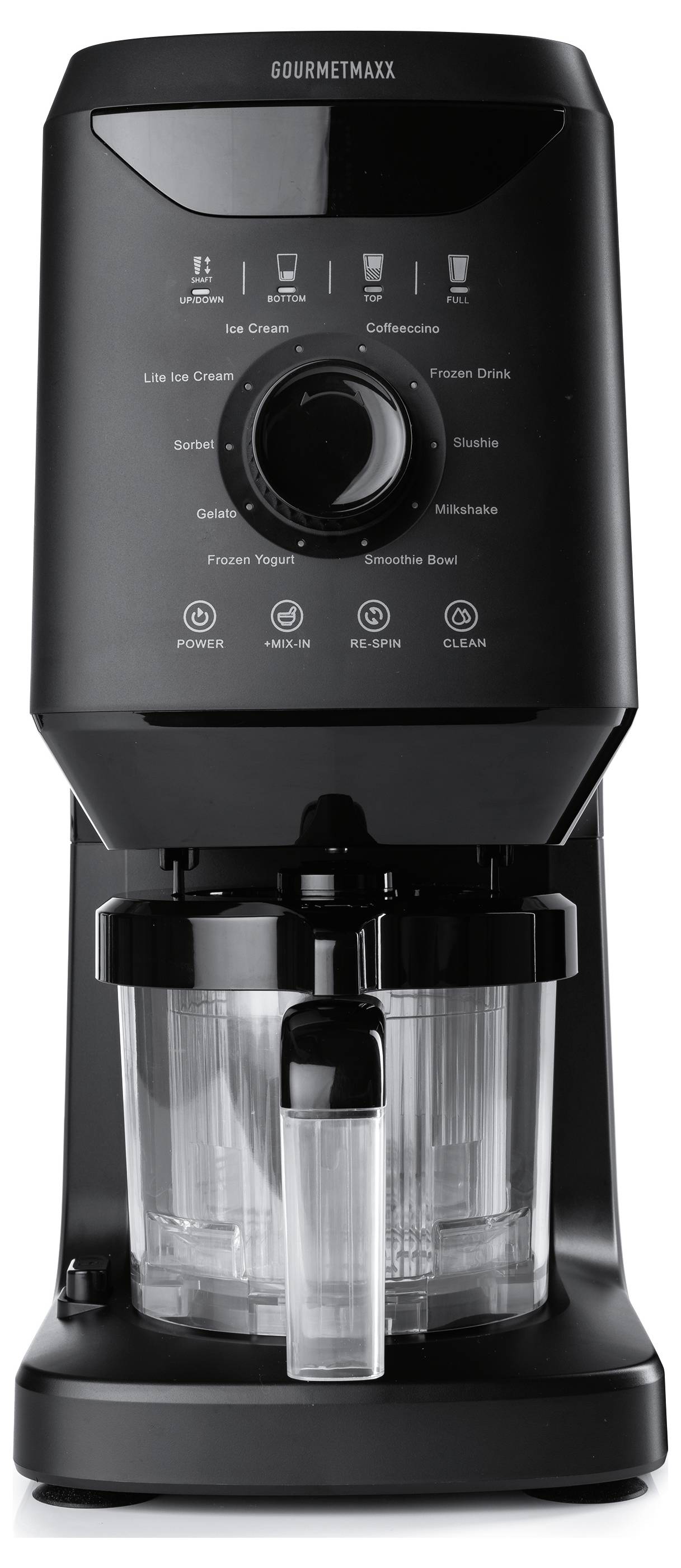 Une cafetière noire avec fabricant de crème glacée et des boutons de fonction variés incluant « Crème Glacée », « Café » et « Milkshake », ainsi que deux tasses transparentes.