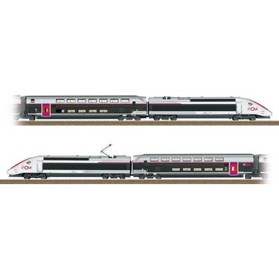 Train à grande vitesse au design épuré, avec deux niveaux de voitures passagers et une marque distinctive « OU », présenté en vue latérale sur les voies.