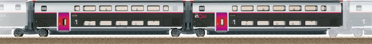 Une vue latérale d'un train à grande vitesse profilé sur des rails, présentant deux voitures de passagers argent et noir avec des accents violets.