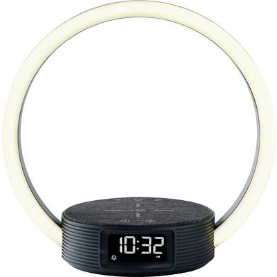 Une lampe de bureau moderne présentant un anneau de lumière LED circulaire et une horloge numérique affichant « 10:32 AM » sur une base noire épurée.