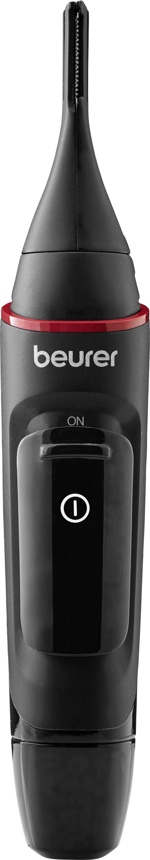 Tondeuse à cheveux de nez et d'oreilles électrique cylindrique noire avec une petite lame pointue, le logo « Beurer » et un bouton d'alimentation sur le devant.