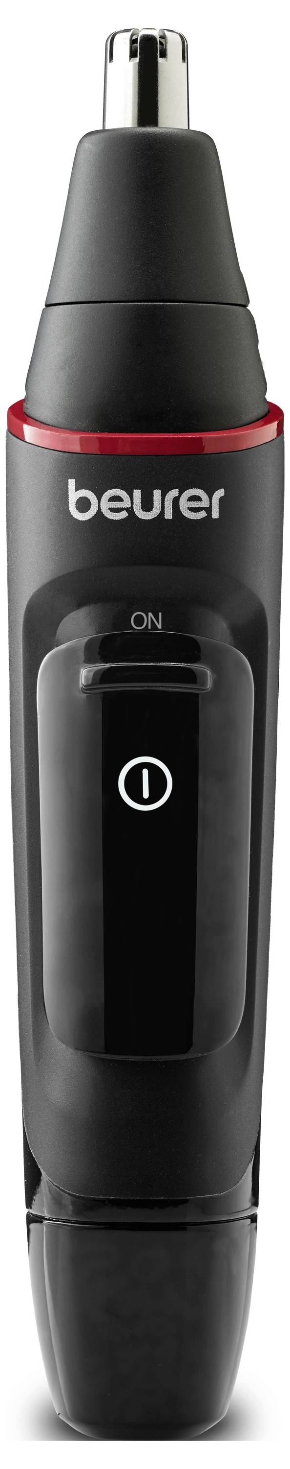 Tondeuse à cheveux nasaux électrique de marque « beurer » avec un design noir épuré et un bouton d'alimentation à l'avant.