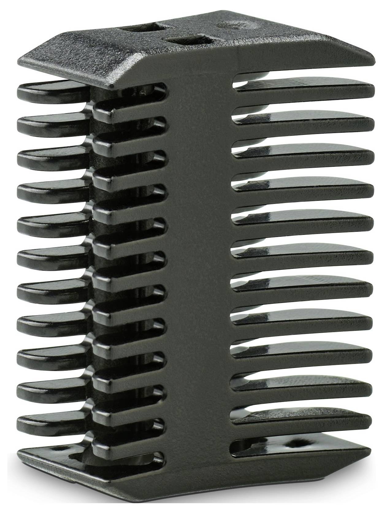 Un dissipateur thermique noir et rectangulaire avec de multiples ailettes verticales pour dissiper la chaleur des composants électroniques.