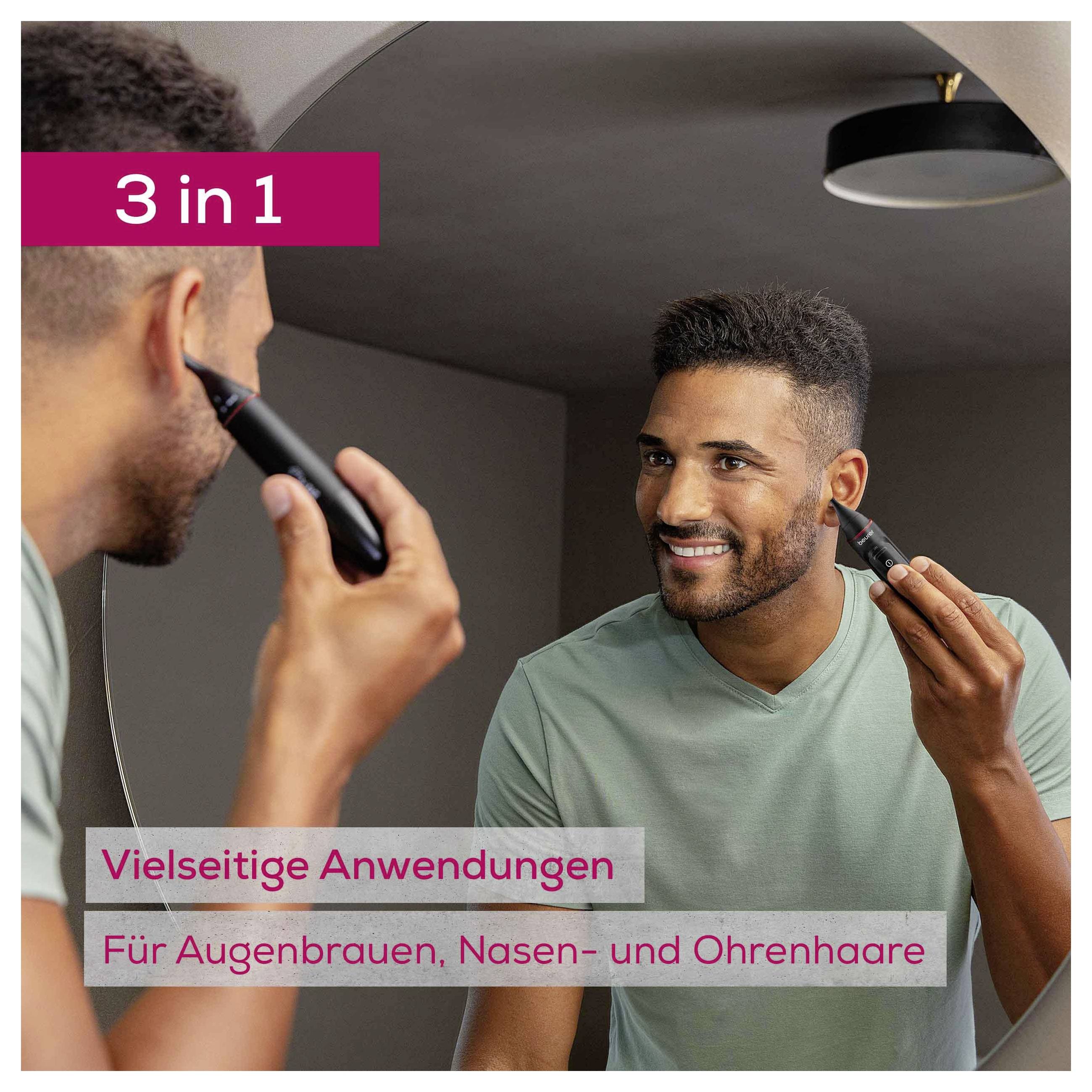 Un homme sourit en utilisant un appareil de toilettage sur son sourcil. Le texte se lit comme suit : « 3 en 1. Applications polyvalentes. Pour les sourcils, les poils du nez et des oreilles. »