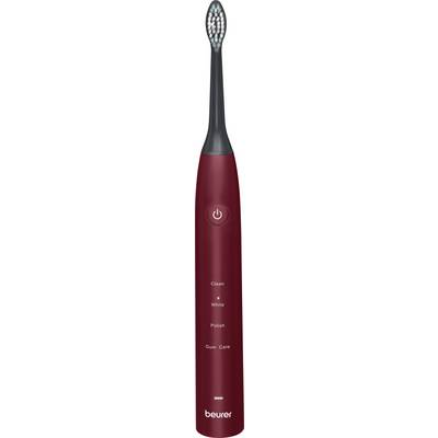 Manche de brosse à dents électrique Beurer rouge avec bouton d'alimentation et modes de nettoyage étiquetés Nettoyage, Blanchissant, Polissage et Soin des gencives.