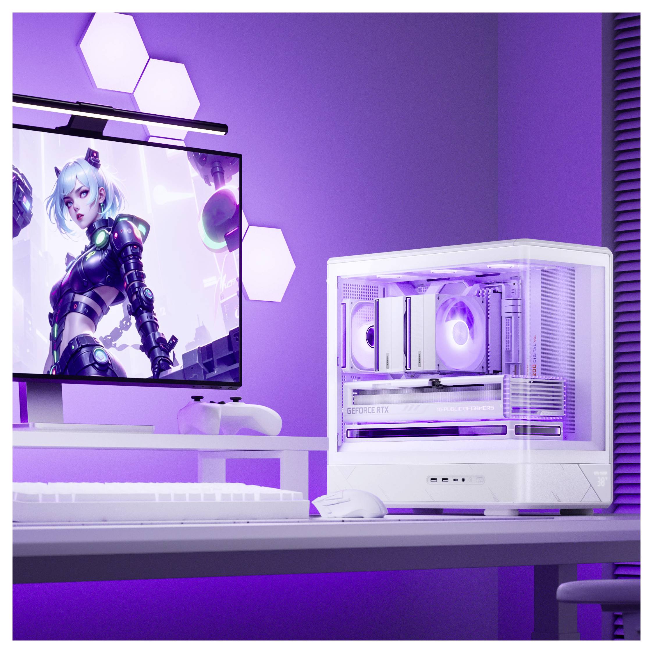 Une configuration de bureau moderne comportant un PC de jeu blanc avec éclairage RGB, un écran affichant un personnage futuriste, et un bureau minimaliste.