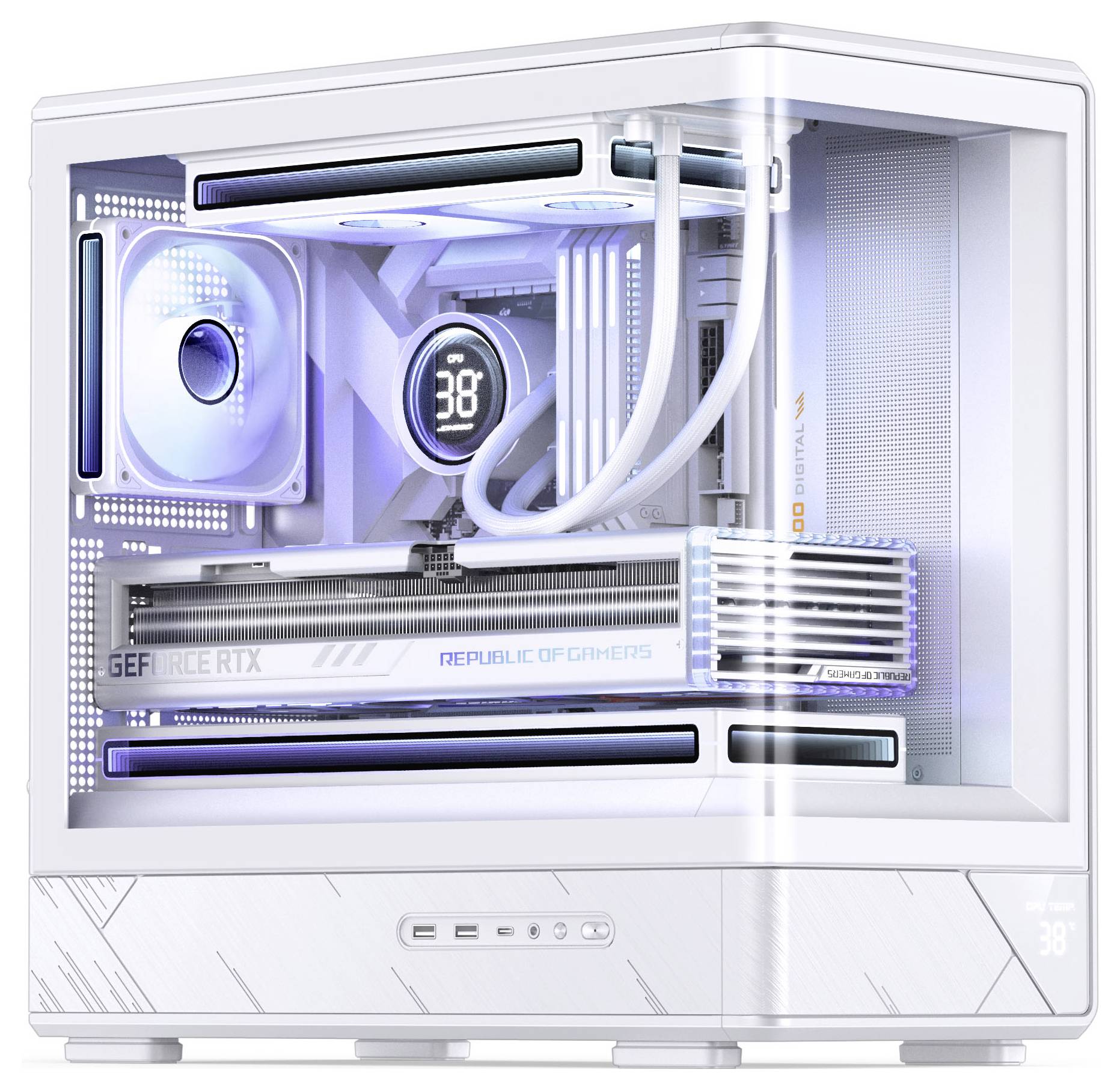 Un boîtier de PC gaming blanc avec des composants visibles, des lumières RGB internes brillantes, une grande carte graphique, un système de refroidissement et un écran numérique.