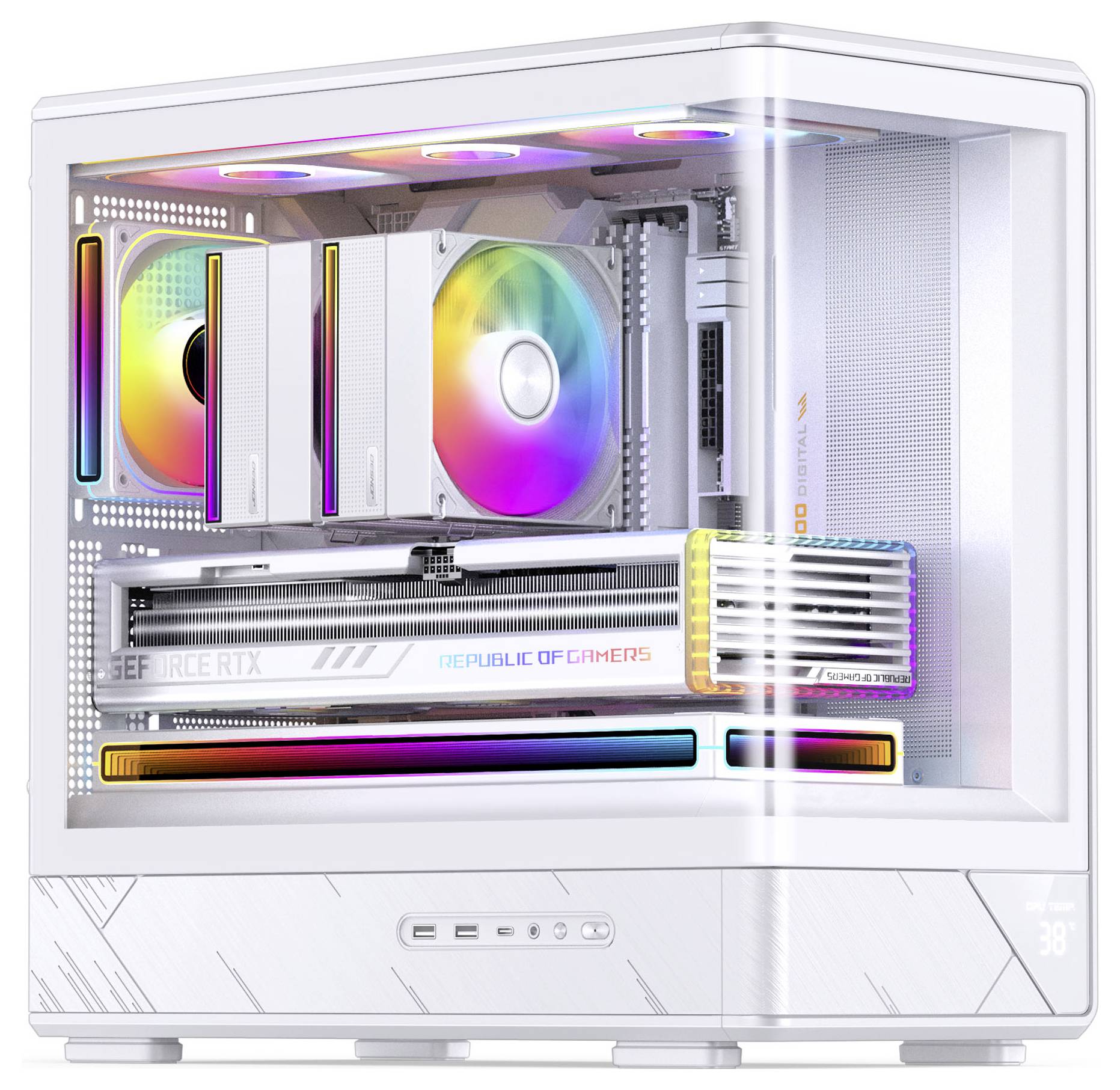 Système de refroidissement informatique blanc avec trois ventilateurs dotés de lumières LED multicolores et un bloc d'eau circulaire.