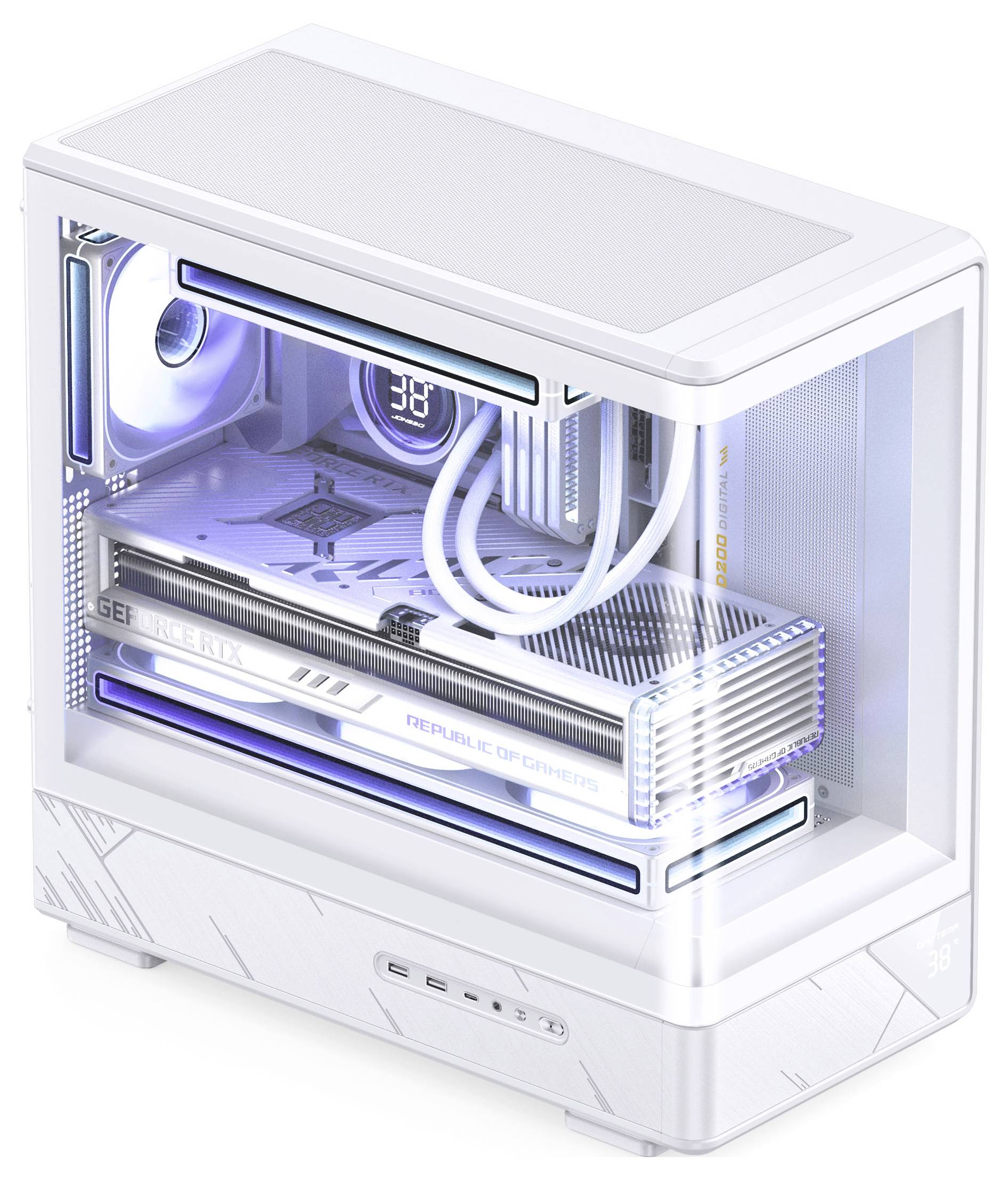 Un boîtier d'ordinateur de bureau blanc et moderne avec une fenêtre latérale mettant en valeur les composants internes illuminés, notamment les ventilateurs de refroidissement et une carte graphique.