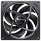 Un ventilateur informatique noir avec des pales incurvées, portant l'étiquette « Jonsbo » au centre, avec une adresse web et les détails de fabrication imprimés dessus.