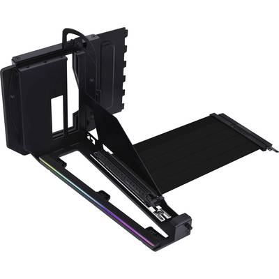 Boîtier d'ordinateur noir avec bande d'éclairage RVB, doté d'un panneau pliant et d'une fente pour carte verticale, conçu pour un montage intérieur.