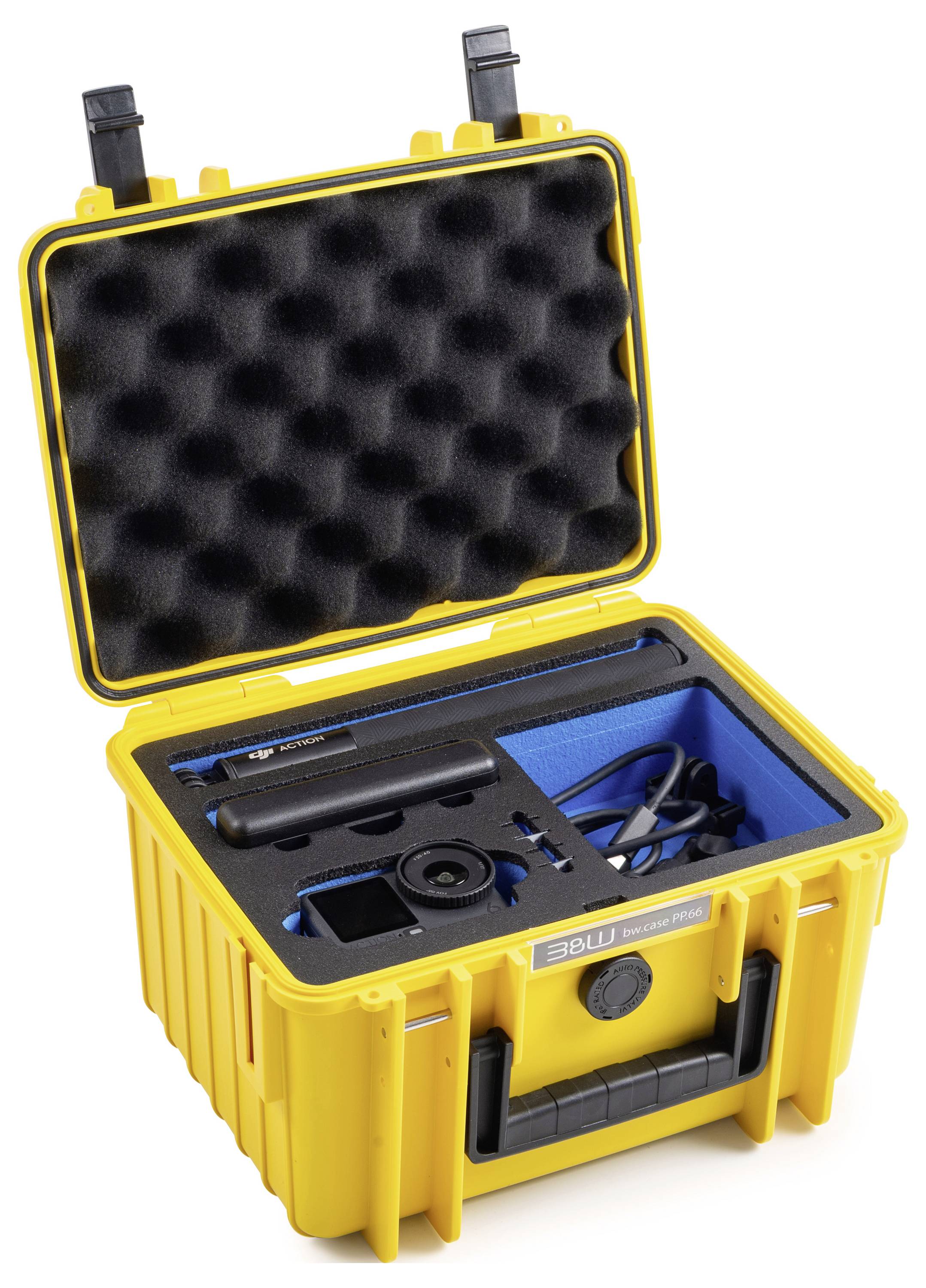 Boîtier de protection jaune ouvert montrant des compartiments organisés contenant des équipements électroniques incluant des câbles et des gadgets, avec rembourrage en mousse.