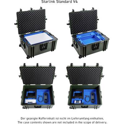 Une valise avec rembourrage en mousse contient un kit Starlink Standard V4, montrant une antenne parabolique, des câbles et des accessoires. Les contenus ne sont pas inclus dans la livraison.