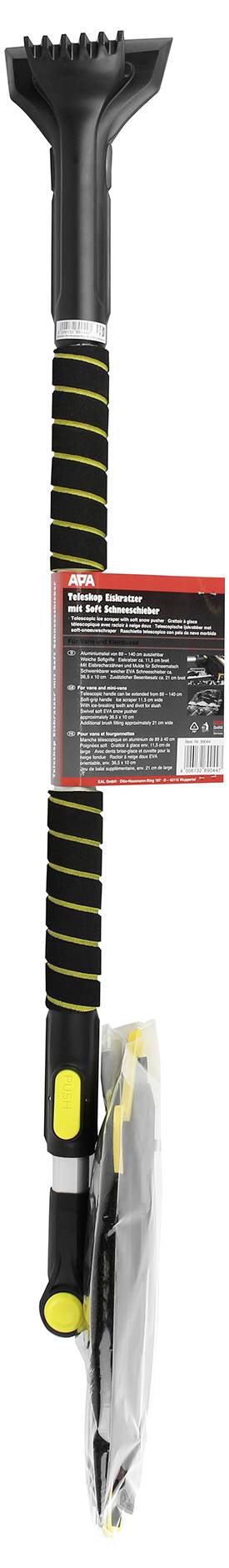 Un grattoir à glace noir et jaune avec brosse et poignée rembourrée. Comprend un code-barres et une étiquette d'informations produit.