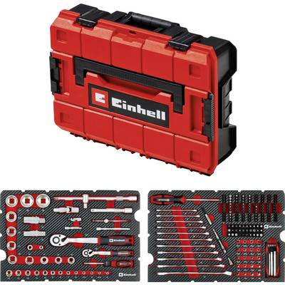 Coffret à outils Einhell rouge avec poignée, accompagné de deux bacs présentant divers outils à main incluant des clés, des douilles et des tournevis.
