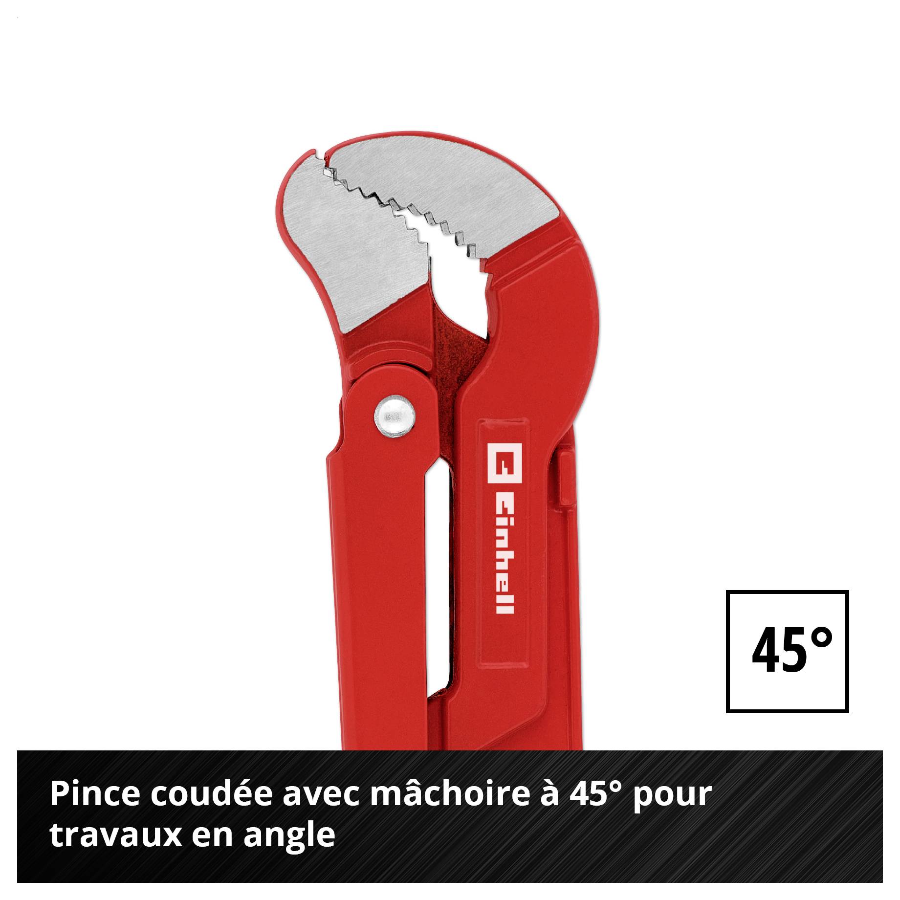 Pince à tube coudée rouge avec forme de mâchoire à 45°, adaptée pour un travail puissant en angle.