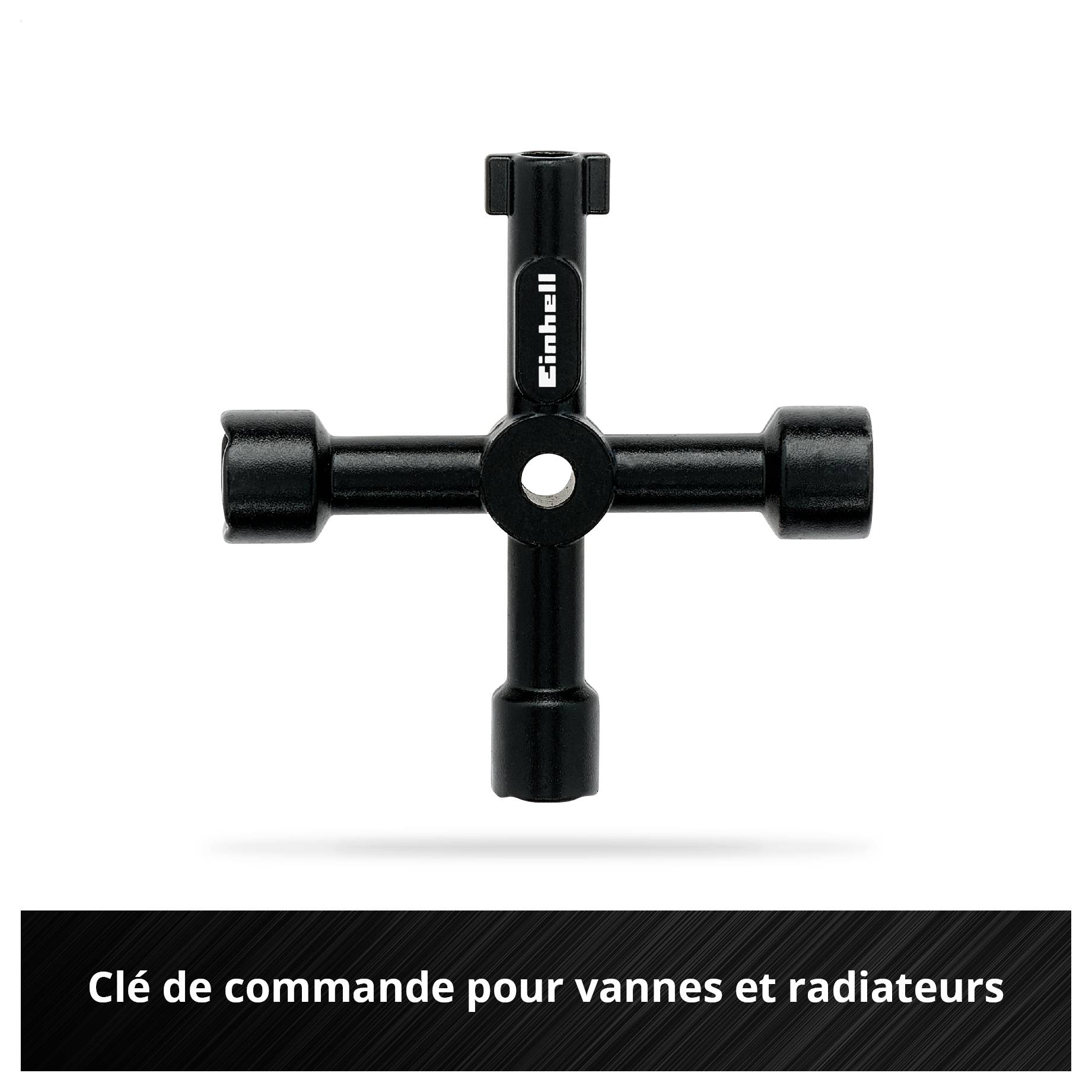 « Clé de tableau électrique pour actionner les robinetterie et les radiateurs », outil en croix noir avec quatre clés.