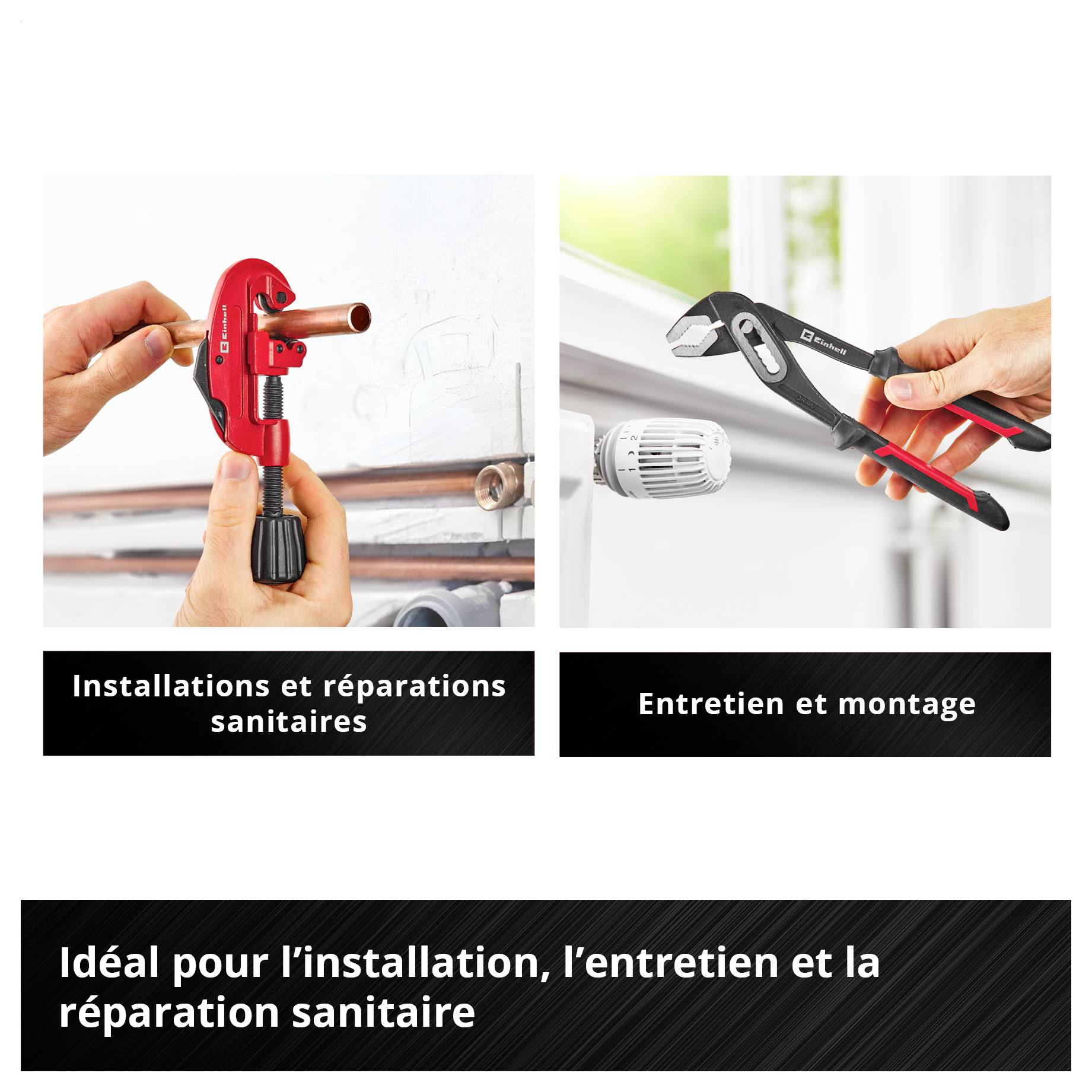 « Installations et réparations sanitaires » montre une personne qui coupe un tuyau ; « Entretien et montage » montre un outil au robinet du radiateur.